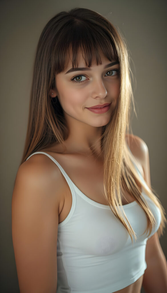 a young beautiful cute petite fit daemonic teen girl, warm smile, dimmed light falls on her, she has long (((straight long hair, bangs cut))) (her hair falls on her shoulders), and (realistic dark blue eyes), ((angelic round face)), in a dreamy, perfect shadows, she wears (a ((white tight crop tank top))), perfect curved fit body, she looks seductively at the viewer and smiles slightly, upper body, flawless skin, light background, ((side profile)) ((ultra realistic photo)) ((stunning)) ((gorgeous)) ((4k))