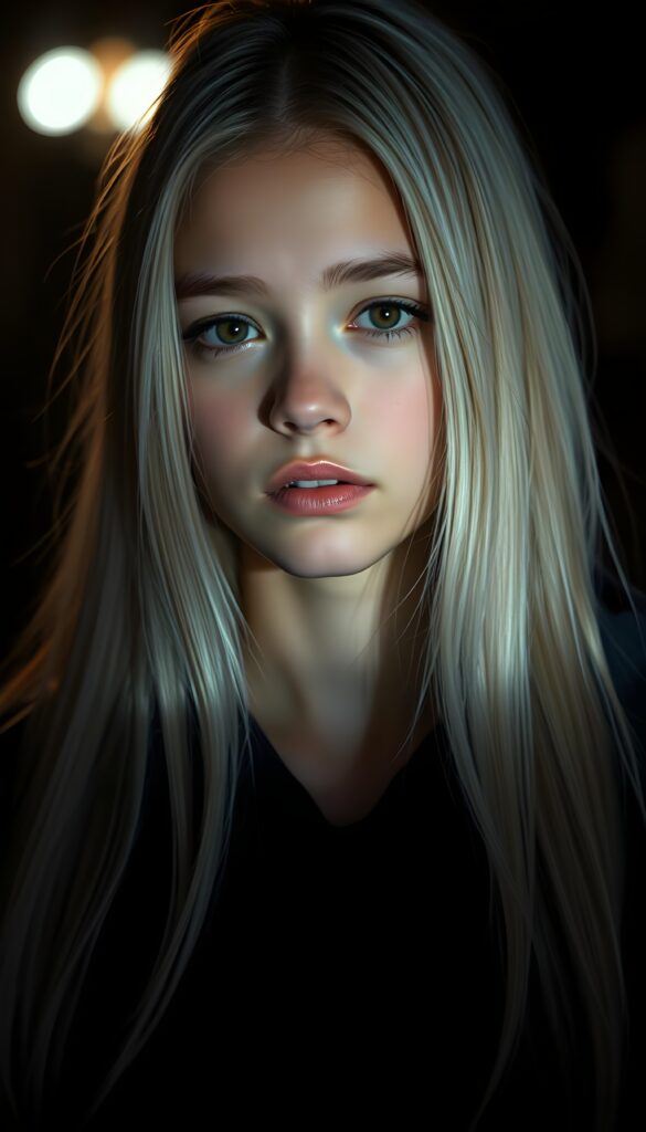 a young beautiful Exotic teen girl, dimmed light falls on her face, she has long (((platinum white straight hair))) and amber eyes, ((angelic round face)), ((realistic, detailed portrait)), dark background, perfect shadow, she wears a hoodie, looks tired at the viewer