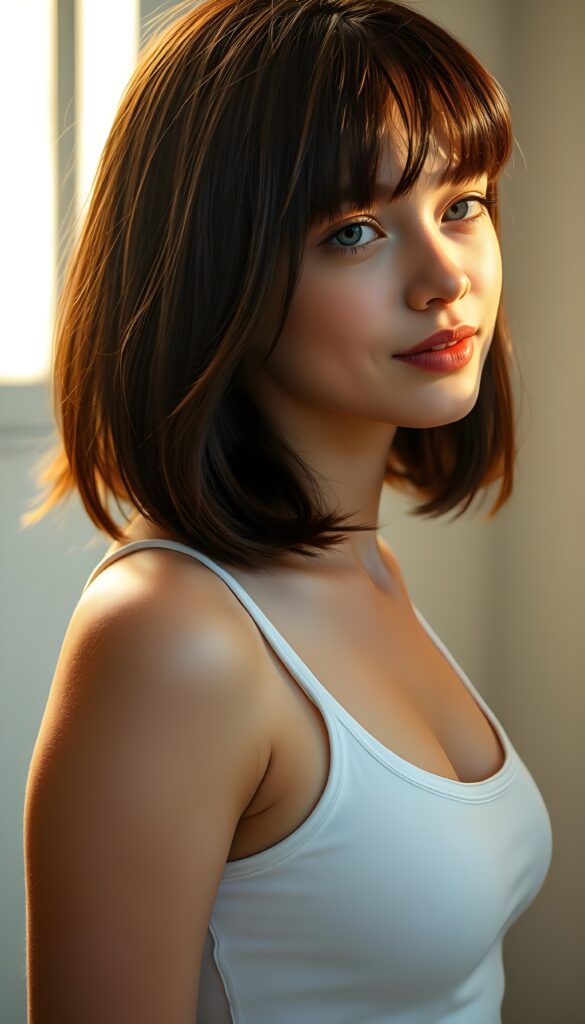a young beautiful cute petite teen girl, warm smile, sun light falls on her, she has shoulder-length bob cut (((straight long maroon hair, bangs cut))) (her hair falls on her shoulders), and (realistic dark blue eyes), ((angelic round face)), in a dreamy, perfect shadows, she wears (a ((white tight crop tank top))), perfect curved fit body, she looks seductively at the viewer and smiles slightly, upper body, flawless skin, light background, ((side profile)) ((ultra realistic photo)) ((stunning)) ((gorgeous)) ((4k))