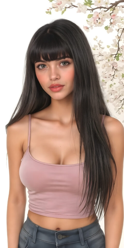 a (((young busty adult girl))), with long, straight, thick, jet, shiny black hair, bangs cut frame her face, wearing a (((high cut, tight, spaghetti tank top))), posing perfect, ((accentuating her ((navel)) and (soft, youthful thighs))), (((full body side view))) ((natural spring backdrop))