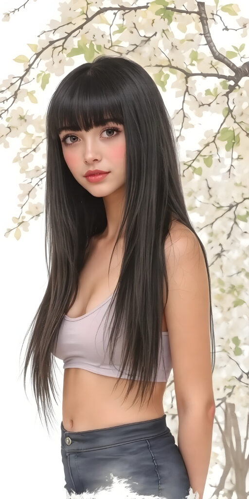 a (((young busty adult girl))), with long, straight, thick, jet, shiny black hair, bangs cut frame her face, wearing a (((high cut, tight, spaghetti tank top))), posing perfect, ((accentuating her ((navel)) and (soft, youthful thighs))), (((full body side view))) ((natural spring backdrop))