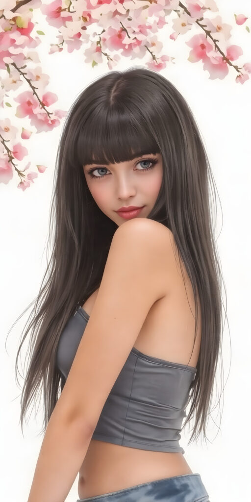 a (((young busty adult girl))), with long, straight, thick, jet, shiny black hair, bangs cut frame her face, wearing a (((high cut, tight, spaghetti tank top))), posing perfect, ((accentuating her ((navel)) and (soft, youthful thighs))), (((full body side view))) ((natural spring backdrop))