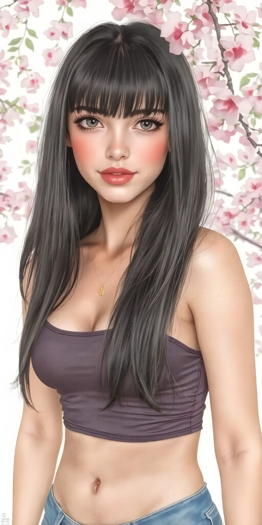 a (((young busty adult girl))), with long, straight, thick, jet, shiny black hair, bangs cut frame her face, wearing a (((high cut, tight, spaghetti tank top))), posing perfect, ((accentuating her ((navel)) and (soft, youthful thighs))), (((full body side view))) ((natural spring backdrop))