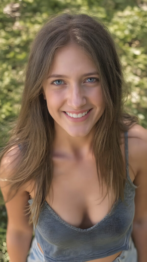 a young cheerful girl looks into the camera, she has a perfect female body, detailed, blue eyes, her long straight brown hair falls down, dressed in a grey cropped short spaghetti tank top, deep v-neck, silver skin, she stand in a sunny green park, she laughs heartily with her mouth open, view from above, she is in the center of the photo