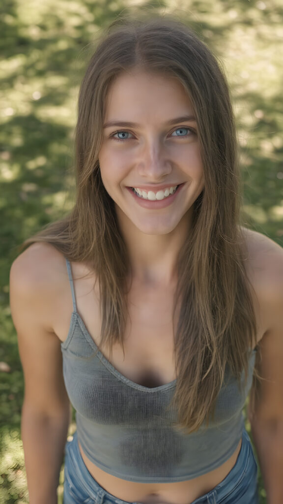 a young cheerful girl looks into the camera, she has a perfect female body, detailed, blue eyes, her long straight brown hair falls down, dressed in a grey cropped short spaghetti tank top, deep v-neck, silver skin, she stand in a sunny green park, she laughs heartily with her mouth open, view from above, she is in the center of the photo