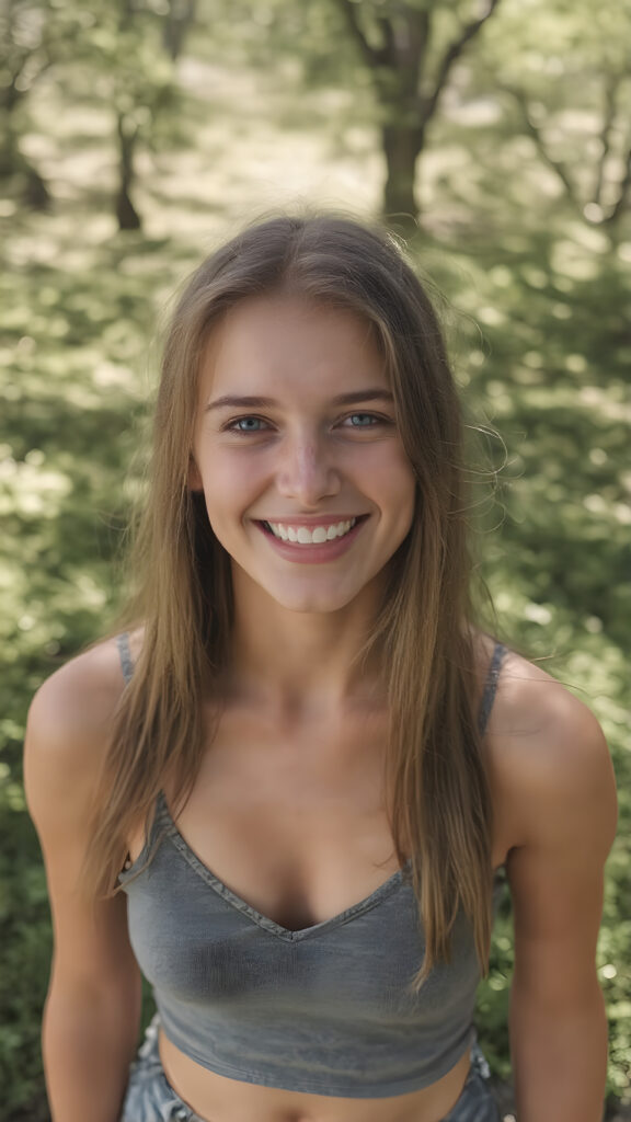 a young cheerful girl looks into the camera, she has a perfect female body, detailed, blue eyes, her long straight brown hair falls down, dressed in a grey cropped short spaghetti tank top, deep v-neck, silver skin, she stand in a sunny green park, she laughs heartily with her mouth open, view from above, she is in the center of the photo