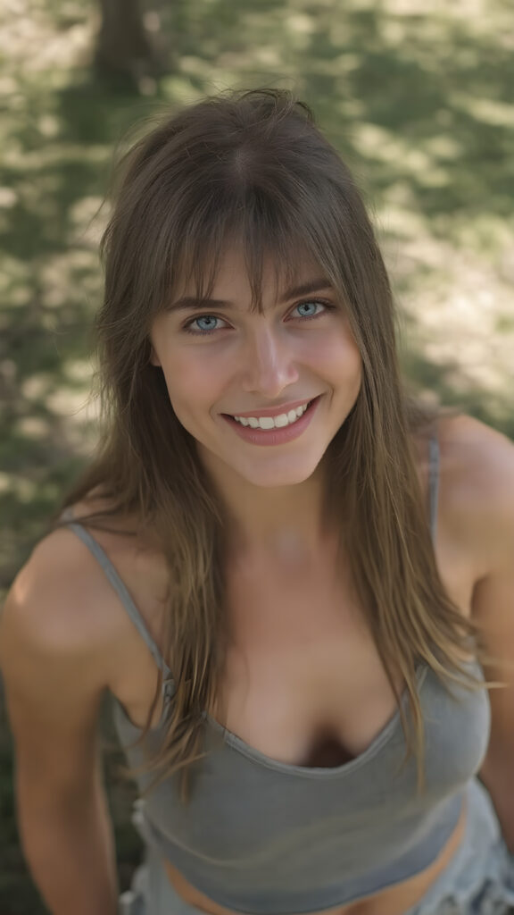 a young cheerful girl looks into the camera, she has a perfect female body, detailed, blue eyes, her long straight brown hair falls down, dressed in a grey cropped short spaghetti tank top, deep v-neck, silver skin, she stand in a sunny green park, she laughs heartily with her mouth open, view from above, she is in the center of the photo