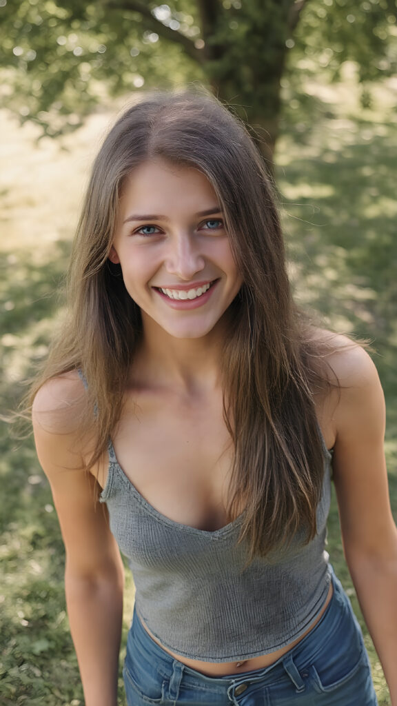 a young cheerful girl looks into the camera, she has a perfect female body, detailed, blue eyes, her long straight brown hair falls down, dressed in a grey cropped short spaghetti tank top, deep v-neck, silver skin, she stand in a sunny green park, she laughs heartily with her mouth open, view from above, she is in the center of the photo