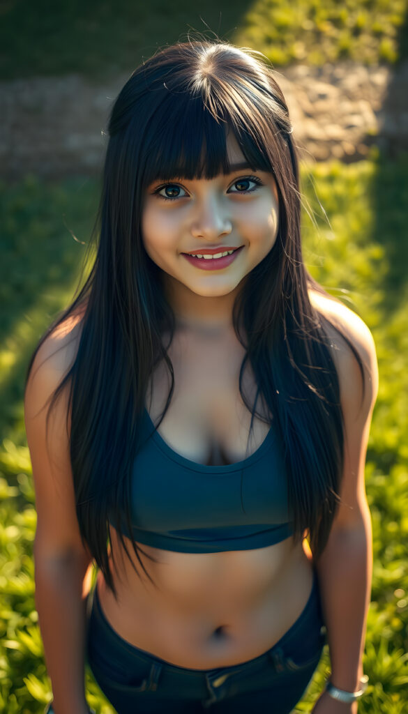 A young girl with long, straight, dark blue obsidian hair stands in a sunlit meadow, her shiny dark blue eyes sparkling under the bright sun. She wears a tight, form-fitting short tank top with a deep v-neck, revealing a bit of her chest. The scene is viewed from above, showcasing her full body and the vibrant green grass beneath her feet. The lighting casts gentle shadows, creating a serene and cheerful atmosphere.