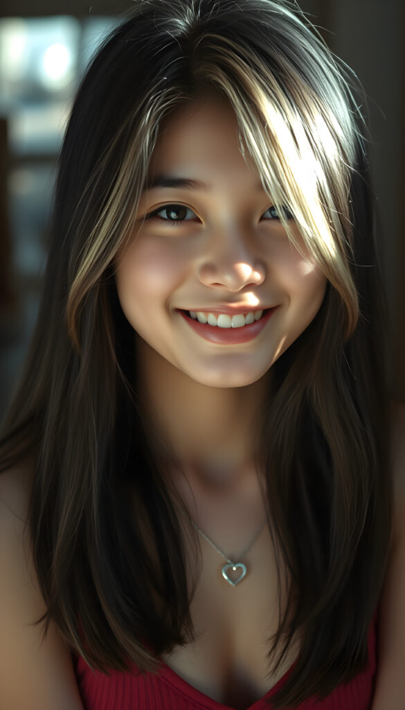 a (((young cute happy well busty seductive Thai teen girl, black long wavy hair with blond highlights))), smile very happy, (wears a short cropped tank top with deep v-neck), perfect curved body ((perfect portrait)), ((straight smooth hair)), silver necklace heart
