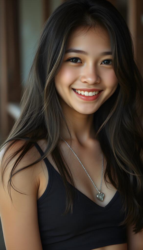 a (((young cute happy well busty seductive Thai teen girl, black long wavy hair with blond highlights))), smile very happy, (wears a short cropped tank top with deep v-neck), perfect curved body ((perfect portrait)), ((straight smooth hair)), silver necklace heart