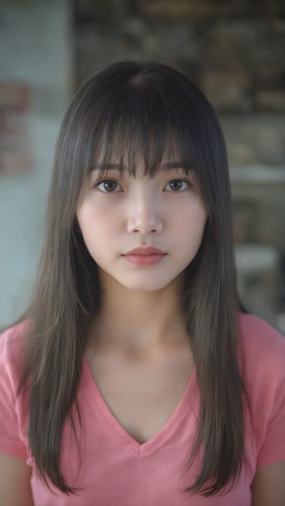 a (((young cute Asian girl with a gentle and round soft face))), (((soft, super very long, straight black hair)), framing her face in bangs cut), detailed face. She's clad in a (((short T-shirt, deep v-neck, in bright pink color)), with (((silver skin))), under a (((warm, soft, natural light))), (((gentle shadows))), and (((extremely detailed, hyper realistic full lips))), ((she stands in front of the viewer and looks up))