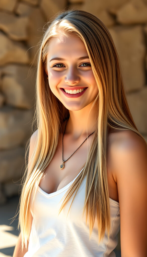 a (((young cute blond happy well busty teen girl))), smile very happy, (wears a tank top with deep v-neck), perfect curved body ((perfect portrait)), ((very long straight smooth hair)) ((sunny backdrop))