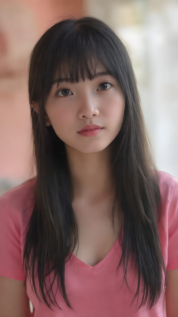 a (((young cute Asian girl with a gentle and round soft face))), (((soft, super very long, straight black hair)), framing her face in bangs cut), detailed face. She's clad in a (((short T-shirt, deep v-neck, in bright pink color)), with (((silver skin))), under a (((warm, soft, natural light))), (((gentle shadows))), and (((extremely detailed, hyper realistic full lips))), ((she stands in front of the viewer and looks up))