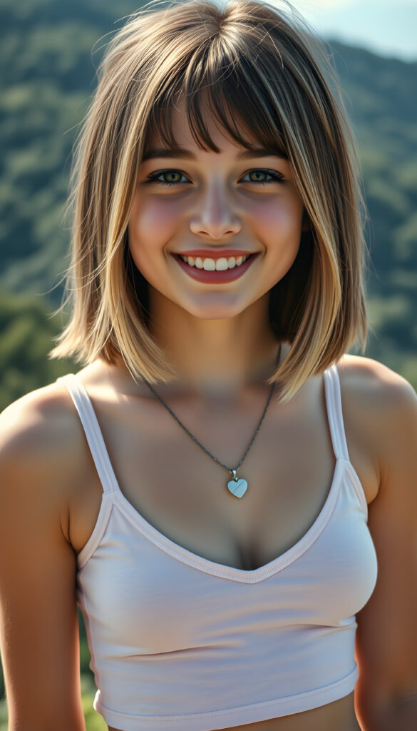 a (((young cute happy teen girl, brown hair with blond highlights))), smile very happy, (wears a short cropped tank top with deep v-neck), perfect curved body ((perfect portrait)), ((straight smooth hair, bob cut)) ((sunny green backdrop top of mountain)), silver necklace heart