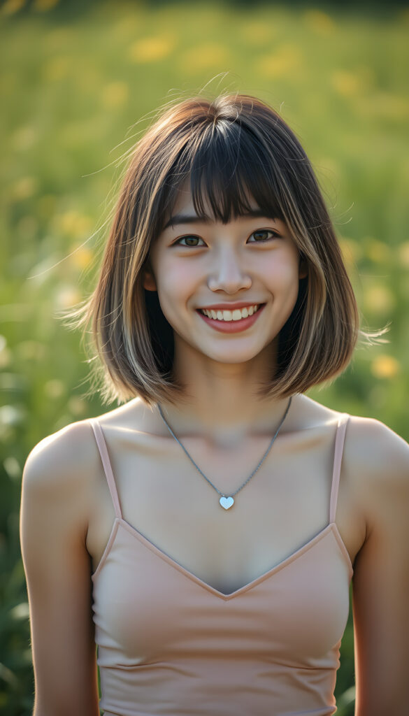 a (((young cute happy well busty Japanese teen girl, brown hair with blond highlights))), smile very happy, (wears a short cropped tank top with deep v-neck), perfect curved body ((perfect portrait)), ((straight smooth hair, bob cut)) ((sunny green backdrop meadow)), silver necklace heart