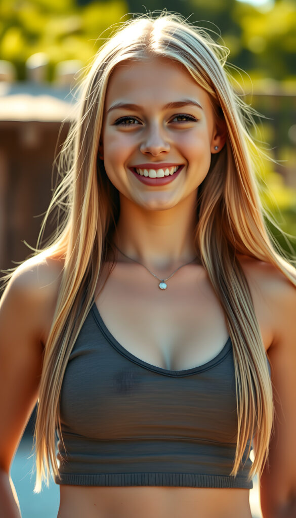 a (((young cute blond happy well busty teen girl))), smile very happy, (wears a tank top with deep v-neck), perfect curved body ((perfect portrait)), ((very long straight smooth hair)) ((sunny backdrop))