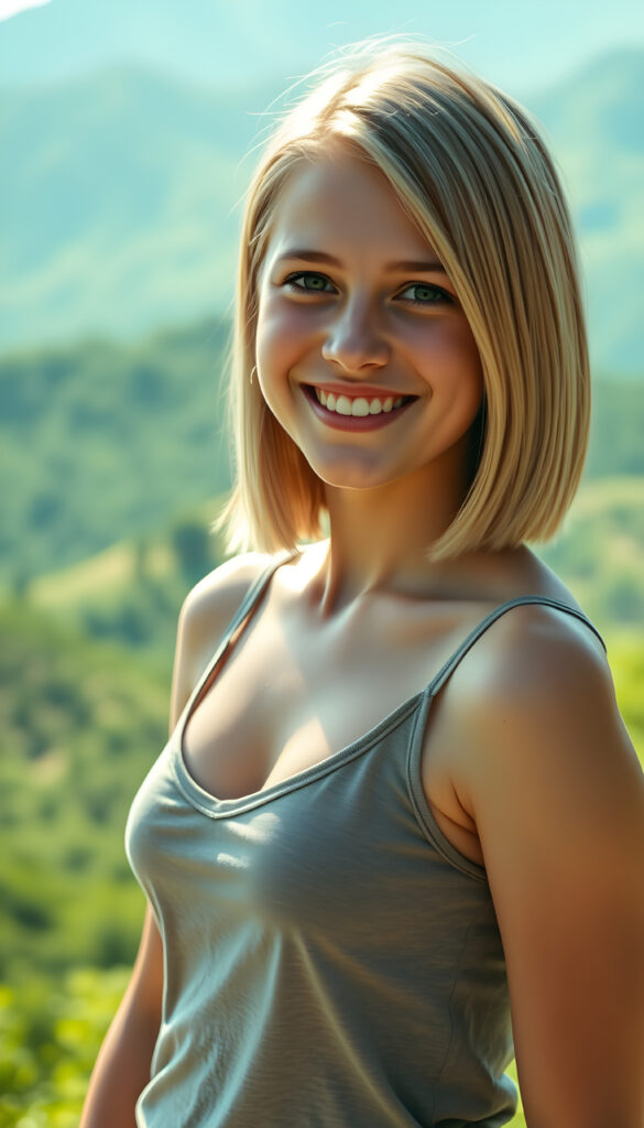 a (((young cute blond happy well busty teen girl))), smile very happy, (wears a tank top with deep v-neck), perfect curved body ((perfect portrait)), ((straight smooth hair, bob cut)) ((sunny green backdrop top of mountain))