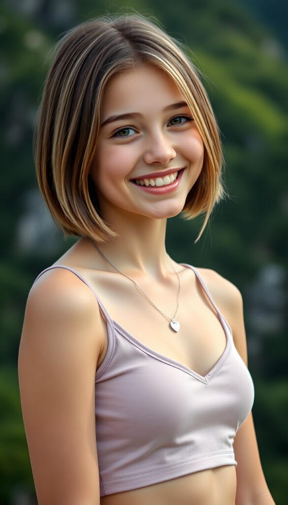 a (((young cute happy teen girl, brown hair with blond highlights))), smile very happy, (wears a short cropped tank top with deep v-neck), perfect curved body ((perfect portrait)), ((straight smooth hair, bob cut)) ((sunny green backdrop top of mountain)), silver necklace heart