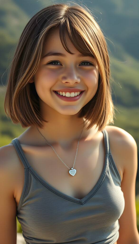 a (((young cute happy well busty teen girl, brown hair with blond highlights))), smile very happy, (wears a short cropped tank top with deep v-neck), perfect curved body ((perfect portrait)), ((straight smooth hair, bob cut)) ((sunny green backdrop top of mountain)), silver necklace heart
