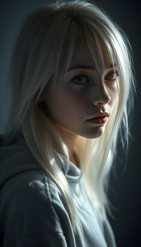 a young cute Emo teen girl, dimmed light falls on her, she has (((long straight white hair))), and (realistic dark blue eyes), ((angelic round face)), in a dreamy, perfect shadows, wearing a light fine grey hoodie, perfect curved body, she looks seductively at the viewer, upper body, flawless skin, light background, ((side profile)) ((ultra realistic photo)) ((stunning)) ((gorgeous)) ((4k))