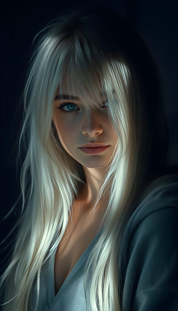 a young cute Emo teen girl, dimmed light falls on her, she has (((long straight white hair))), and (realistic dark blue eyes), ((angelic round face)), in a dreamy, perfect shadows, wearing a light fine grey hoodie, perfect curved body, she looks seductively at the viewer, upper body, flawless skin, light background, ((side profile)) ((ultra realistic photo)) ((stunning)) ((gorgeous)) ((4k))