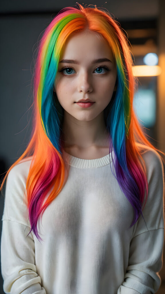 a young cute Emo teen girl, she has (((long straight neon rainbow colored hair))), and (realistic dark blue eyes), ((angelic round face)), perfect shadows, ((wearing a silk sweater)), perfect curved body, she looks seductively at the viewer, ((ultra realistic photo)) ((stunning)) ((gorgeous)) ((4k))