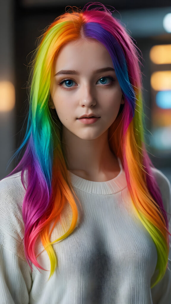 a young cute Emo teen girl, she has (((long straight neon rainbow colored hair))), and (realistic dark blue eyes), ((angelic round face)), perfect shadows, ((wearing a silk sweater)), perfect curved body, she looks seductively at the viewer, ((ultra realistic photo)) ((stunning)) ((gorgeous)) ((4k))