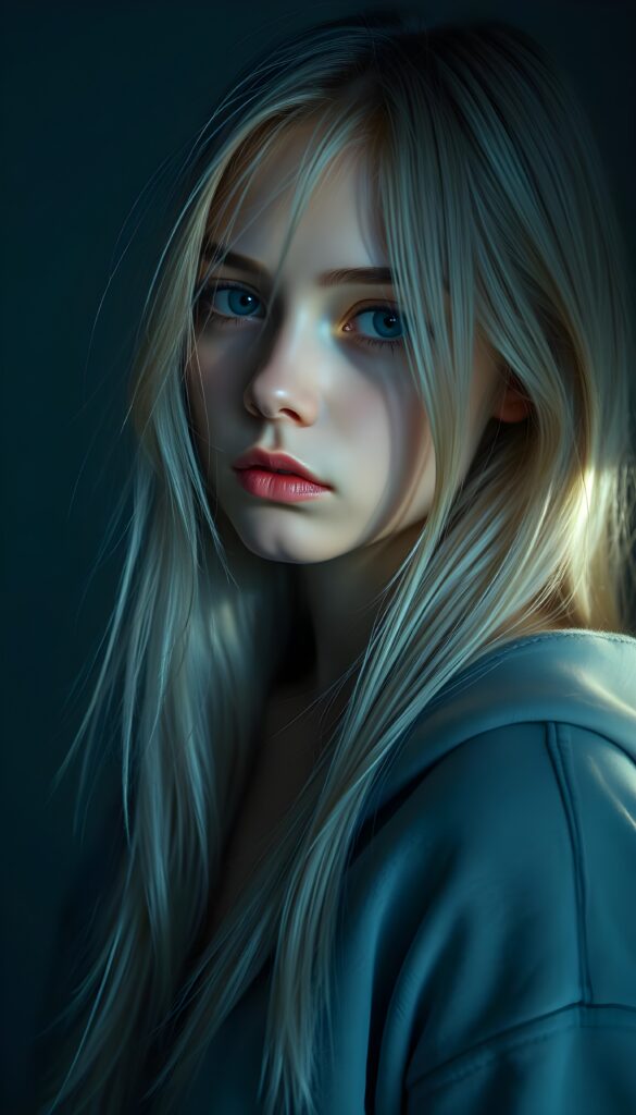 a young cute Emo teen girl, dimmed light falls on her, she has (((long straight white hair))), and (realistic dark blue eyes), ((angelic round face)), in a dreamy, perfect shadows, wearing a light fine grey hoodie, perfect curved body, she looks seductively at the viewer, upper body, flawless skin, light background, ((side profile)) ((ultra realistic photo)) ((stunning)) ((gorgeous)) ((4k))
