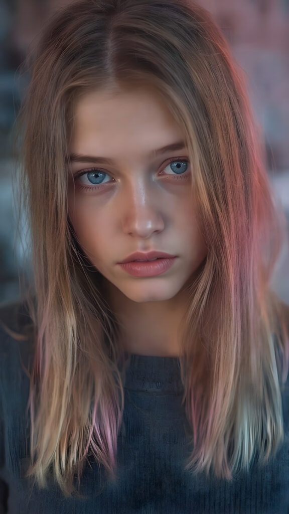 a young cute Emo teen girl, she has (((long straight neon rainbow colored hair))), and (realistic dark blue eyes), ((angelic round face)), perfect shadows, ((wearing a silk sweater)), perfect curved body, she looks seductively at the viewer, ((ultra realistic photo)) ((stunning)) ((gorgeous)) ((4k))