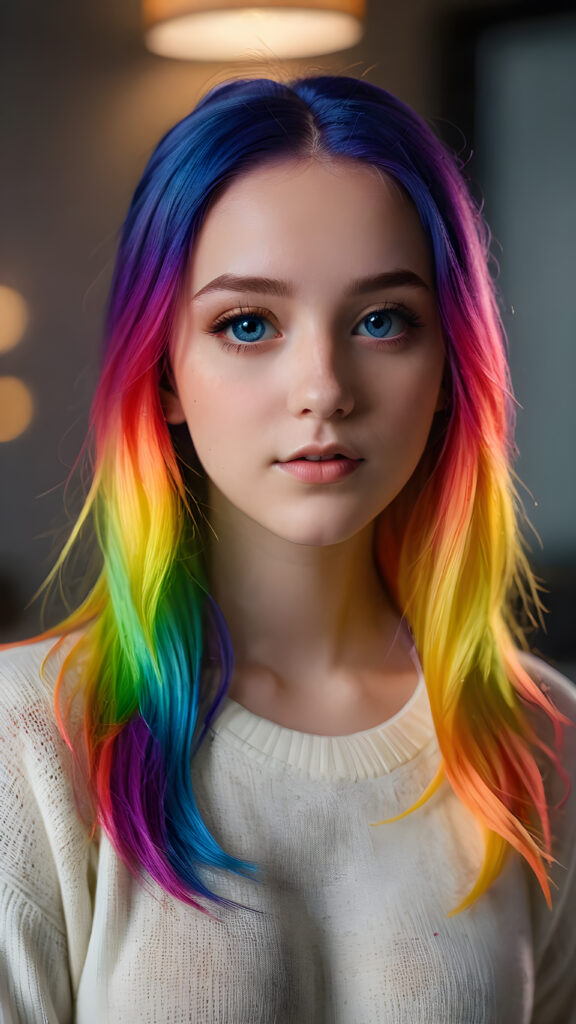 a young cute Emo teen girl, she has (((long straight neon rainbow colored hair))), and (realistic dark blue eyes), ((angelic round face)), perfect shadows, ((wearing a silk sweater)), perfect curved body, she looks seductively at the viewer, ((ultra realistic photo)) ((stunning)) ((gorgeous)) ((4k))