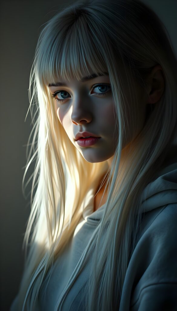a young cute Emo teen girl, dimmed light falls on her, she has (((long straight white hair))), and (realistic dark blue eyes), ((angelic round face)), in a dreamy, perfect shadows, wearing a light fine grey hoodie, perfect curved body, she looks seductively at the viewer, upper body, flawless skin, light background, ((side profile)) ((ultra realistic photo)) ((stunning)) ((gorgeous)) ((4k))