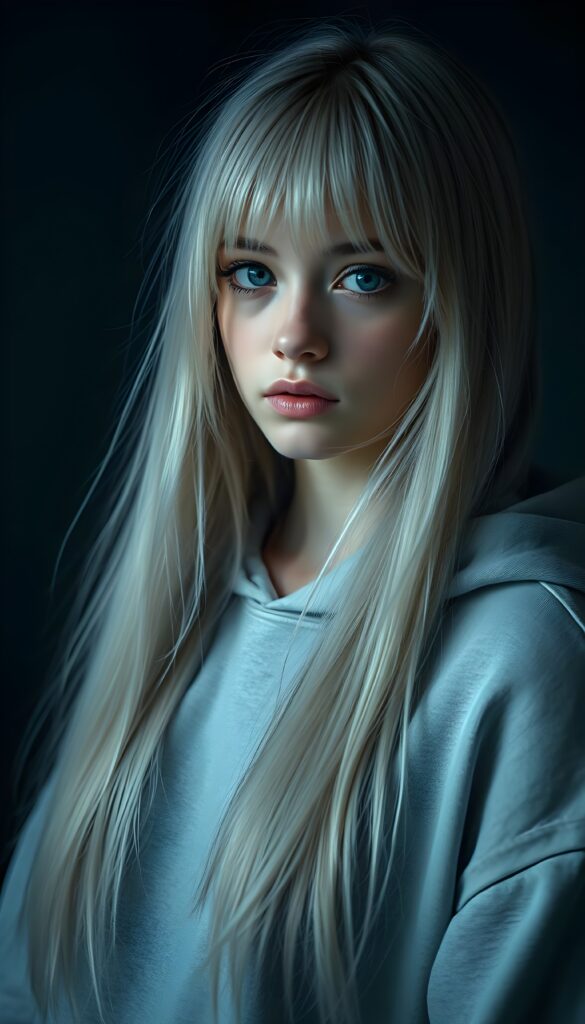 a young cute Emo teen girl, dimmed light falls on her, she has (((long straight white hair))), and (realistic dark blue eyes), ((angelic round face)), in a dreamy, perfect shadows, wearing a light fine grey hoodie, perfect curved body, she looks seductively at the viewer, upper body, flawless skin, light background, ((side profile)) ((ultra realistic photo)) ((stunning)) ((gorgeous)) ((4k))