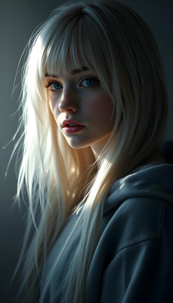 a young cute Emo teen girl, dimmed light falls on her, she has (((long straight white hair))), and (realistic dark blue eyes), ((angelic round face)), in a dreamy, perfect shadows, wearing a light fine grey hoodie, perfect curved body, she looks seductively at the viewer, upper body, flawless skin, light background, ((side profile)) ((ultra realistic photo)) ((stunning)) ((gorgeous)) ((4k))