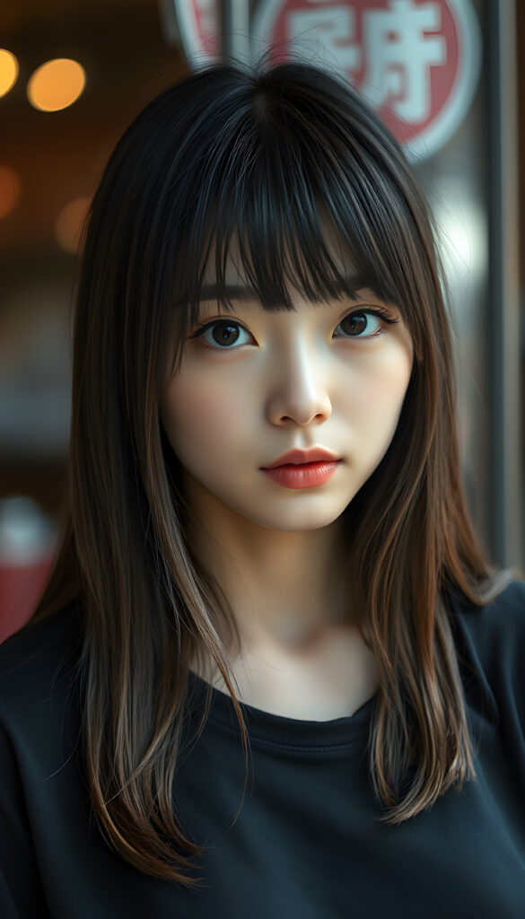 a young cute Japanese girl with open, straight soft black hair and brown fine strands, bangs cut, same length right and left, falling down to her body, she has round, shiny eyes, full plump lips, seductive, stunning, gorgeous, she is wearing a black plain t-shirt