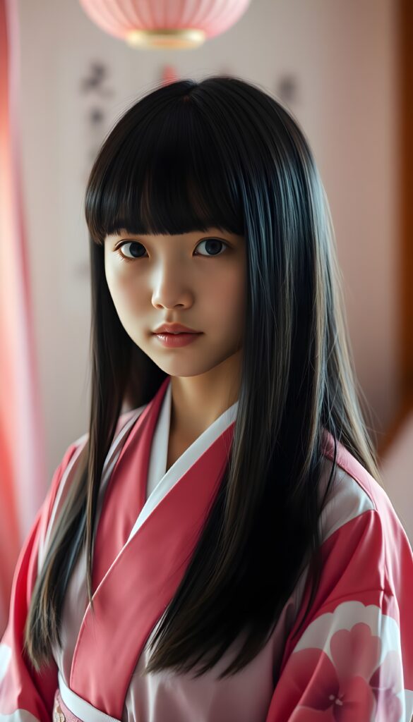 a young cute Japanese girl, straight black open hair, bangs, the hair covers their ears, in a pink and white kimono outfit, she stands in her bedroom. pink decoration.