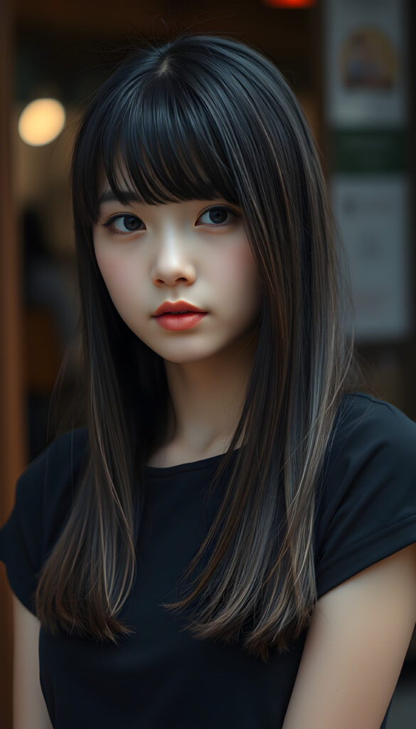 a young cute Japanese girl with open, straight soft black hair and brown fine strands, bangs cut, same length right and left, falling down to her body, she has round, shiny eyes, full plump lips, seductive, stunning, gorgeous, she is wearing a black plain t-shirt