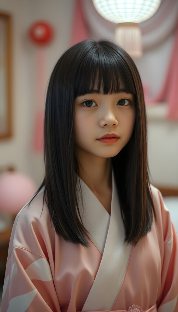 a young cute Japanese girl, straight black open hair, bangs, the hair covers their ears, in a pink and white kimono outfit, she stands in her bedroom. pink decoration.
