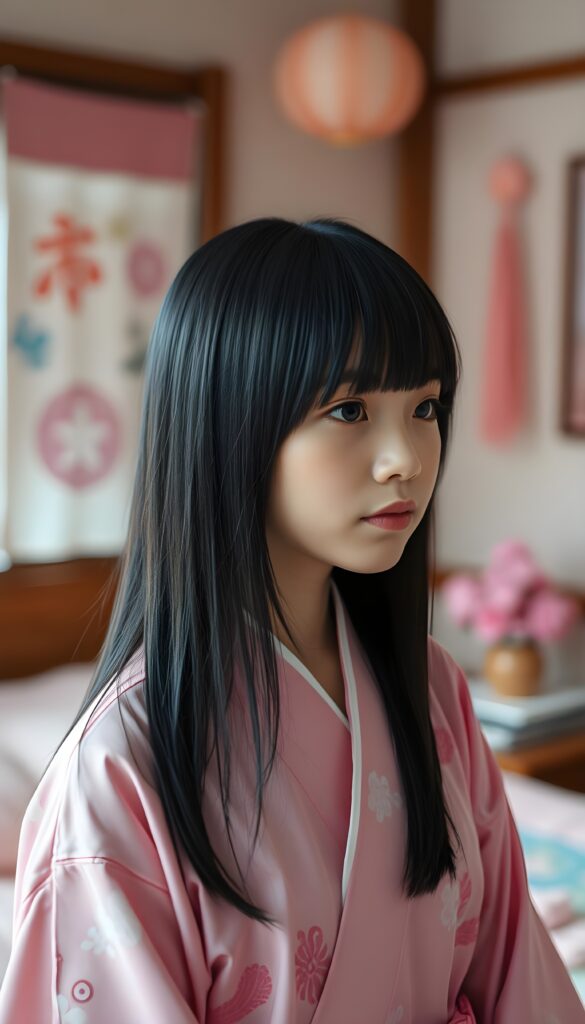 a young cute Japanese girl, straight black open hair, bangs, the hair covers their ears, in a pink and white kimono outfit, she stands in her bedroom. pink decoration.