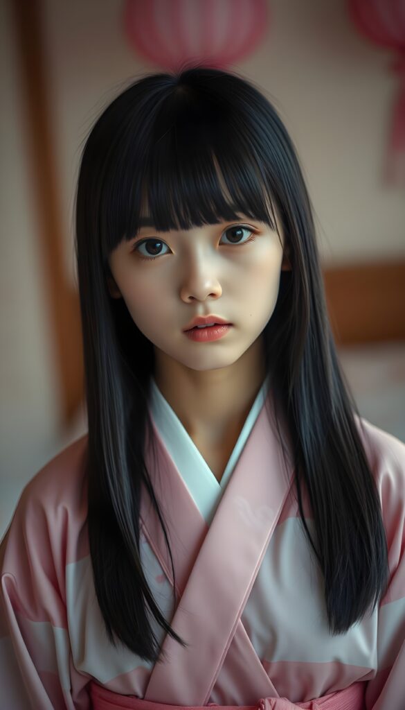a young cute Japanese girl, straight black open hair, bangs, the hair covers their ears, in a pink and white kimono outfit, she stands in her bedroom. pink decoration.