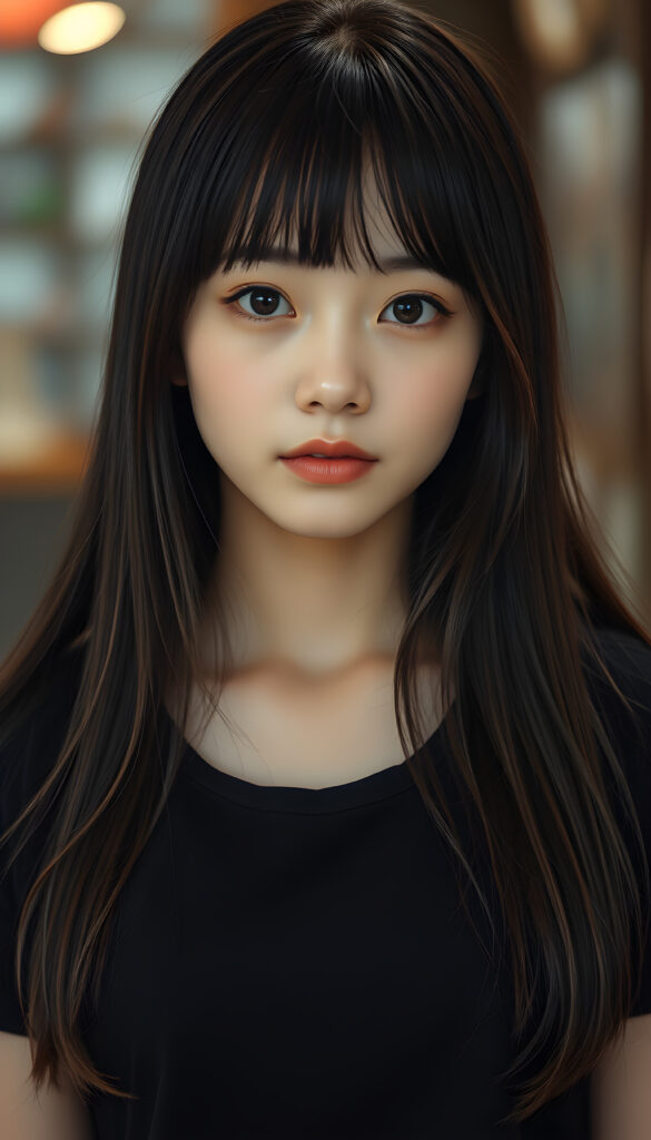 a young cute Japanese girl with open, straight soft black hair and brown fine strands, bangs cut, same length right and left, falling down to her body, she has round, shiny eyes, full plump lips, seductive, stunning, gorgeous, she is wearing a black plain t-shirt
