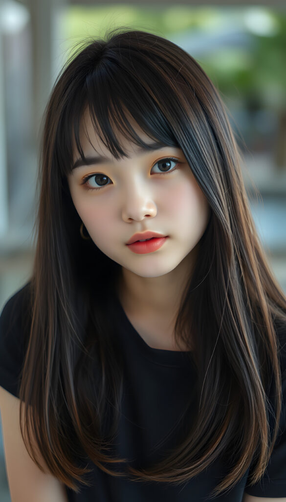 a young cute Japanese girl with open, straight soft black hair and brown fine strands, bangs cut, same length right and left, falling down to her body, she has round, shiny eyes, full plump lips, seductive, stunning, gorgeous, she is wearing a black plain t-shirt