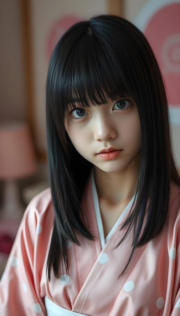 a young cute Japanese girl, straight black open hair, bangs, the hair covers their ears, in a pink and white kimono outfit, she stands in her bedroom. pink decoration.