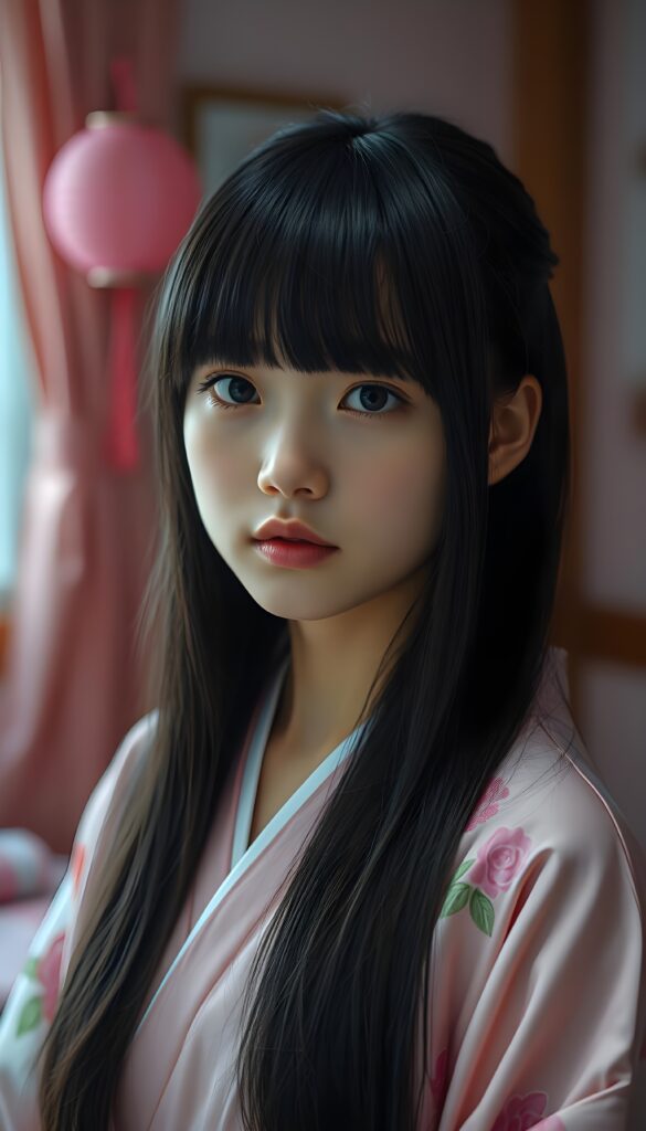 a young cute Japanese girl, straight black open hair, bangs, the hair covers their ears, in a pink and white kimono outfit, she stands in her bedroom. pink decoration.