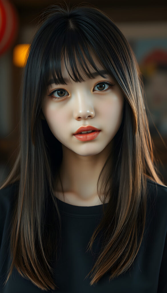 a young cute Japanese girl with open, straight soft black hair and brown fine strands, bangs cut, same length right and left, falling down to her body, she has round, shiny eyes, full plump lips, seductive, stunning, gorgeous, she is wearing a black plain t-shirt