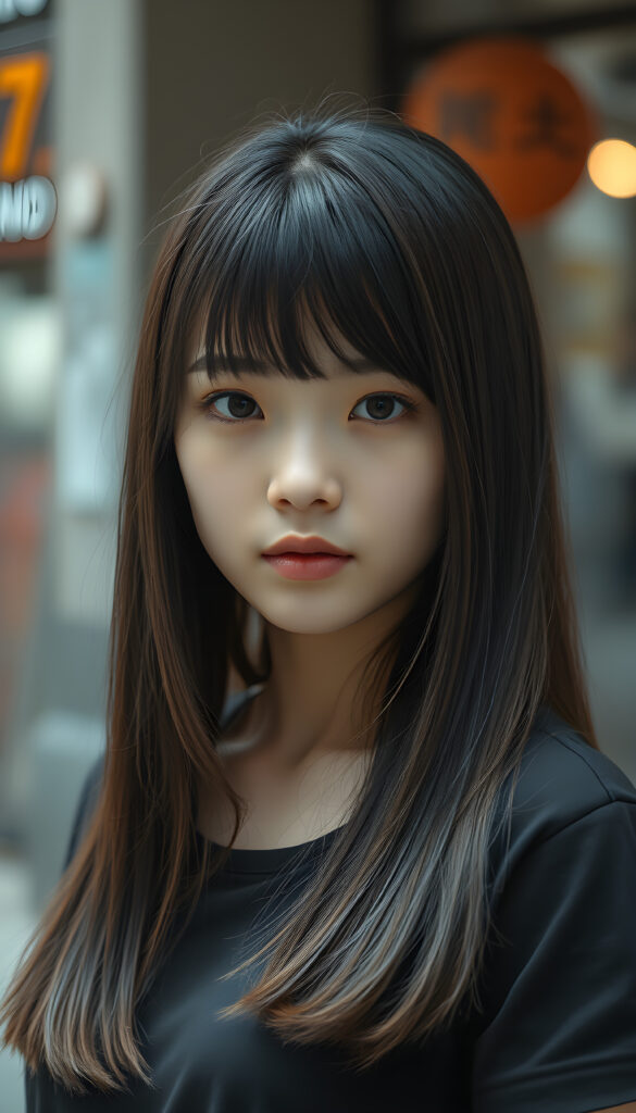 a young cute Japanese girl with open, straight soft black hair and brown fine strands, bangs cut, same length right and left, falling down to her body, she has round, shiny eyes, full plump lips, seductive, stunning, gorgeous, she is wearing a black plain t-shirt
