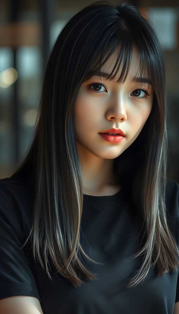 a young cute Korean girl with open, straight soft black hair and white fine strands, bangs cut, same length right and left, silver skinned, falling down to her body, she has round, shiny eyes, full plump lips, seductive, stunning, gorgeous, she is wearing a black plain t-shirt