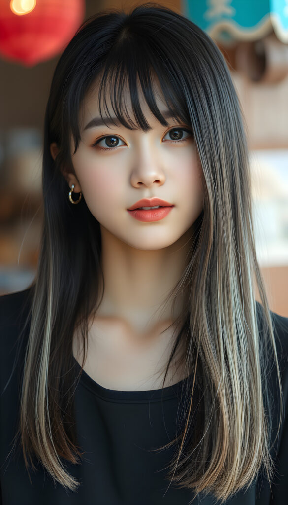 a young cute Korean girl with open, straight soft black hair and white fine strands, bangs cut, same length right and left, silver skinned, falling down to her body, she has round, shiny eyes, full plump lips, seductive, stunning, gorgeous, she is wearing a black plain t-shirt