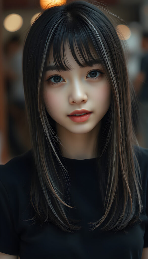 a young cute Korean girl with open, straight soft black hair and white fine strands, bangs cut, same length right and left, silver skinned, falling down to her body, she has round, shiny eyes, full plump lips, seductive, stunning, gorgeous, she is wearing a black plain t-shirt