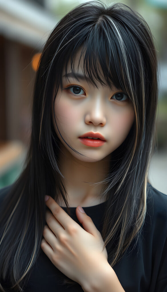 a young cute Korean girl with open, straight soft black hair and white fine strands, bangs cut, same length right and left, silver skinned, falling down to her body, she has round, shiny eyes, full plump lips, seductive, stunning, gorgeous, she is wearing a black plain t-shirt